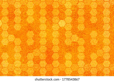 Golden background with honeycomb shapes. Vector illustration. Pattern with glitter effect. Template texture for invitation, poster, card,  banner, announcements and others. Doodle style.