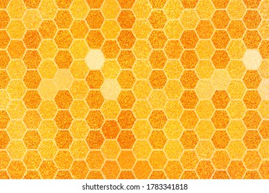 Golden background with honeycomb shapes. Vector illustration. Pattern with glitter effect. Template texture for invitation, poster, card,  banner, announcements and others. Doodle style.