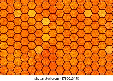 Golden background with honeycomb shapes. Vector illustration. Pattern with glitter effect. Template texture for invitation, poster, card,  banner, announcements and others. Doodle style.