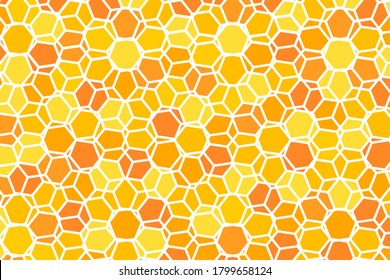 Fondo dorado con formas de panal de miel. Ilustración vectorial. Patrón con efecto de brillo. Textura de plantilla para invitación, afiche, tarjeta, banner, anuncios y otros. Estilo Doodle.