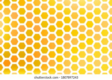 Fondo dorado con formas de panal de miel. Ilustración vectorial. Patrón con efecto de brillo. Textura de plantilla para invitación, afiche, tarjeta, banner, anuncios y otros. Estilo Doodle.