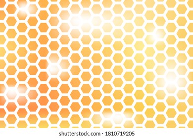 Golden background with honeycomb shapes. Vector illustration. Pattern with glitter effect. Template texture for invitation, poster, card,  banner, announcements and others. Doodle style.