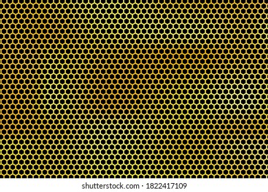 Golden background with honeycomb shapes. Vector illustration. Black pattern with glitter effect. Template texture for invitation, poster, card, banner, announcements and others. Doodle style.