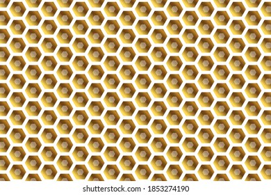 Golden background with honeycomb shapes. Vector illustration. Pattern with glitter effect. Template texture for invitation, poster, card,  banner, announcements and others. Doodle style.