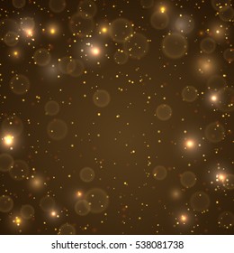 Golden background with lights and bokeh. Vector illustration. Holiday gold poster template design, decor.