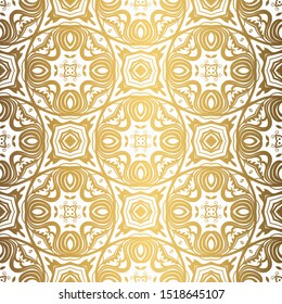 Golden background. Luxury seamless pattern. Elegant weave ornament for wallpaper, fabric, upholstery, bedding, drapery, wedding invitation. Abstract flower damask vector. Forged floral motif.