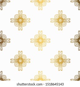 Golden background. Luxury seamless pattern. Elegant weave ornament for wallpaper, fabric, upholstery, bedding, drapery, wedding invitation. Abstract flower damask vector. Forged floral motif.