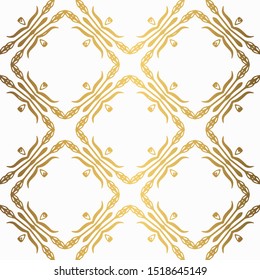 Golden background. Luxury seamless pattern. Elegant weave ornament for wallpaper, fabric, upholstery, bedding, drapery, wedding invitation. Abstract flower damask vector. Forged floral motif.