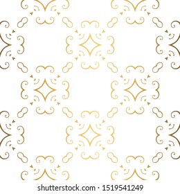 Golden background. Luxury seamless pattern. Elegant weave ornament for wallpaper, fabric, upholstery, bedding, drapery, wedding invitation. Abstract flower damask vector. Forged floral motif.