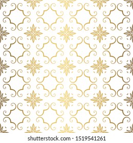 Golden background. Luxury seamless pattern. Elegant weave ornament for wallpaper, fabric, upholstery, bedding, drapery, wedding invitation. Abstract flower damask vector. Forged floral motif.