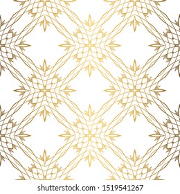 Golden background. Luxury seamless pattern. Elegant weave ornament for wallpaper, fabric, upholstery, bedding, drapery, wedding invitation. Abstract flower damask vector. Forged floral motif.