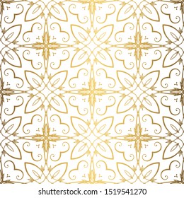 Golden background. Luxury seamless pattern. Elegant weave ornament for wallpaper, fabric, upholstery, bedding, drapery, wedding invitation. Abstract flower damask vector. Forged floral motif.