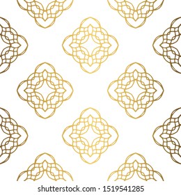 Golden background. Luxury seamless pattern. Elegant weave ornament for wallpaper, fabric, upholstery, bedding, drapery, wedding invitation. Abstract flower damask vector. Forged floral motif.