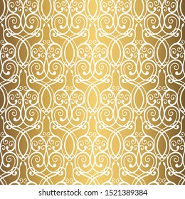 Golden background. Luxury seamless pattern. Elegant weave ornament for wallpaper, fabric, upholstery, bedding, drapery, wedding invitation. Abstract flower vector. Forged floral motif.