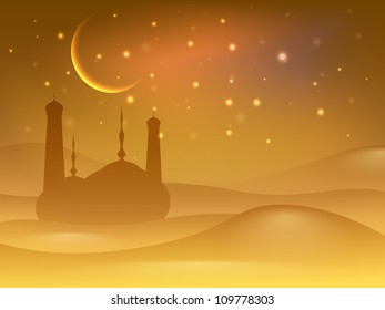 Golden background with  Mosque or Masjid and Moon for Eid Mubarak festival. EPS 10.