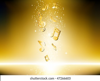 Golden background with music notes and stars. Editable Vector Image