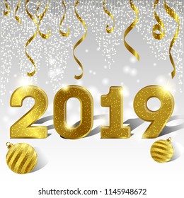 Golden background with patterns, 2019, Christmas bulbs