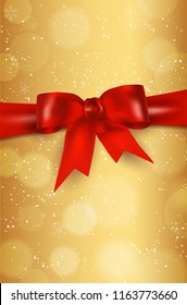 Golden background with red bow, abstract snow and blurred bokeh circles - copy space for your text. Vector illustration.