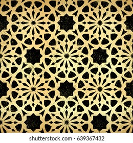 Golden background with seamless pattern in arabic style. Ornamental seamless pattern. Vector abstract background.