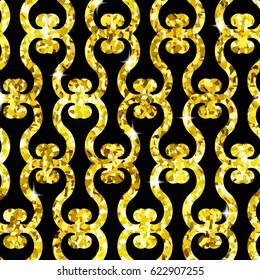 Golden Background with Seamless Pattern of Glittering Swirls, Stock Vector Illustration