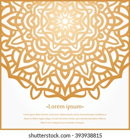 Golden background in the shape of a flower. Geometric sign. Volumetric golden big bud. Flower circular background. Mandala. Vintage decorative elements. Stylized flowers. Place in the text. 