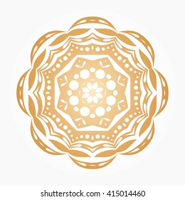 Golden background in the shape of a flower. Geometric sign. Mandala. Ethnic design. Vintage Round Ornament Pattern. Flower circular background. Volumetric golden big bud. Luxury background. Boutique.