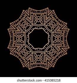 Golden background in the shape of a flower. Geometric sign. Mandala. Ethnic design. Vintage Round Ornament Pattern. Flower circular background. Volumetric golden big bud. Luxury background. Boutique.