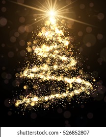 Golden background with shining abstract Christmas tree. Vector illustration.