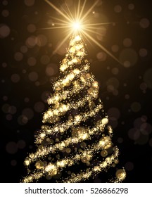 Golden background with shining abstract Christmas tree. Vector illustration.