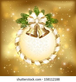 Golden background with shiny Christmas bells, illustration.