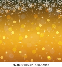 Golden background with snowflakes. Christmas lights with stars
