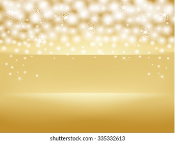 Golden background with sparkles, snowflakes made with Blending modes. Fully editable EPS10 file.