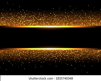 Golden background with sparkling glitter and banner with copy space, gold luxury vector design.