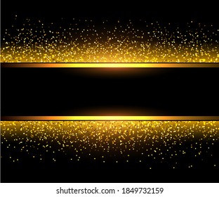 Golden background with sparkling glitter and banner with copy space, gold luxury vector design.