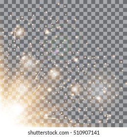 Golden background. Stage lights. Christmas decoration. Magic wand. Vector illustration of a transparent backdrop.
