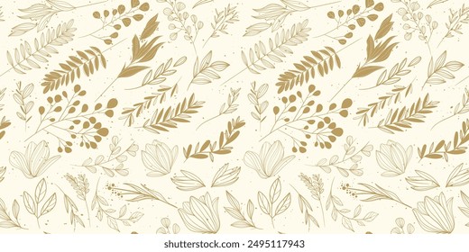 Golden background of stems and twigs of various plants. Vector and floral background.