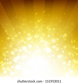Golden Background With Sunburst And Stars With Gradient Mesh, Vector Illustration