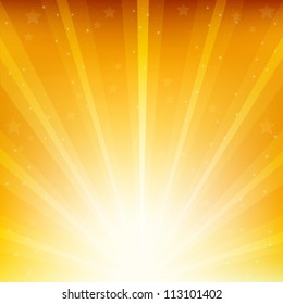 Golden Background With Sunburst And Stars, Vector Illustration