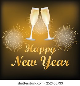 a golden background with text and a pair of glasses with wine for new year