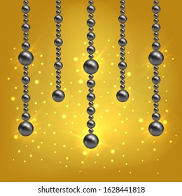Golden background with threads of black pearls. Luxurious design with gold glowing effect and shiny sparkles. Vector illustration