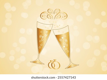 Golden background and golden wedding glasses with bridal rings. Beautiful digital flat vector  