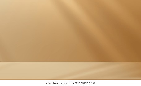 Fondo dorado,Sala de pared de estudio vacío y podio con luz,Sombra de ventana,Pantalla beige de fondo mínimo 3D con base para la presentación del producto,Venta de Pascua, Primavera, Verano,Banner de otoño