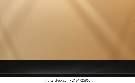 Golden Background,Studio Room with Spot Light on Black steel counter top,Empty Metal shelf texture with light reflect,Vector Display mockup of table top,Kitchen counter on grey bar desk surface	
