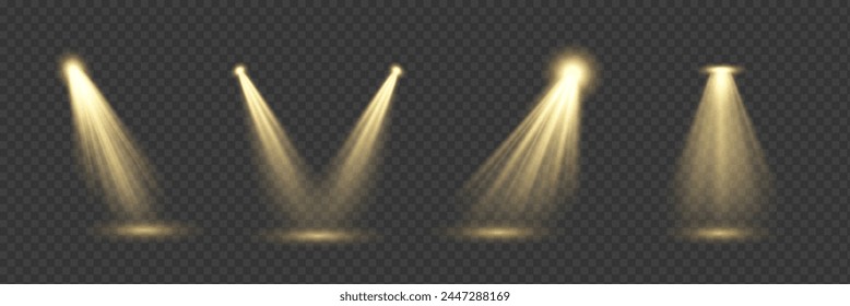 Golden backlight effects 3d realistic vector illustration set. Glowing brightly stage lamps design. Projector beams on transparent background