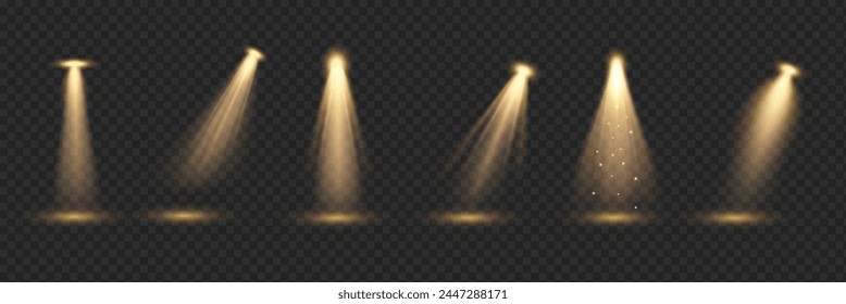 Golden backlight effects 3d realistic vector illustration set. Glowing brightly stage lamps design. Projector beams on transparent background