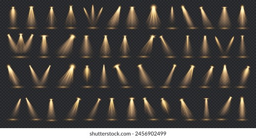 Golden backlight effects 3d realistic vector illustration set. Glowing brightly stage lamps design. Projector beams on transparent background