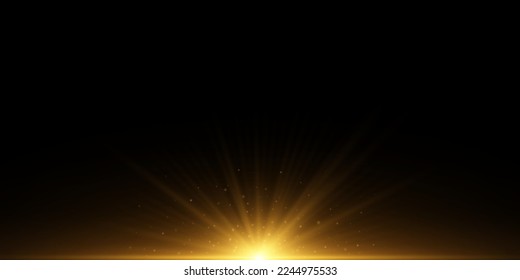 Golden backlight with rays and glowing particles. Sunlight effect. Vector illustration. EPS 10