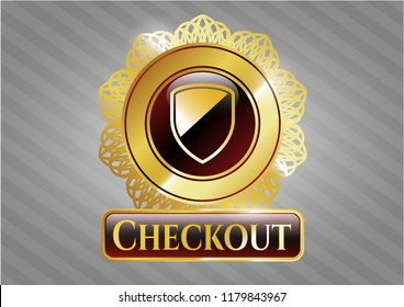  Golden badge with armor icon and Checkout text inside