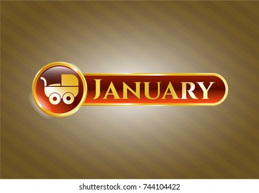  Golden badge with baby cart icon and January text inside