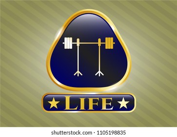  Golden badge with barbell on rack icon and Life text inside